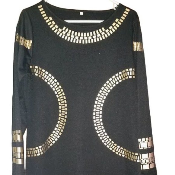 Black Midi Dress with Gold Decorative Design | Size XL | Stretch Fabric - Picture 4 of 15